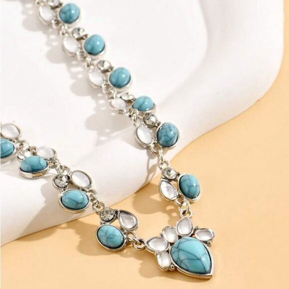 Elegant Silver Opal Turquoise , Boho Necklace, Moonstone Necklace, - Picture 1 of 4